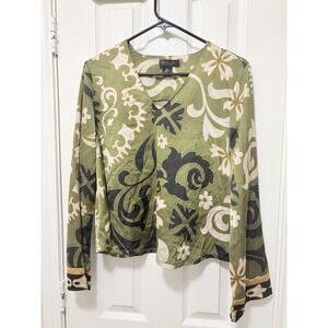 Rachel Zoe Women's Floral Blouse V Neck Long Sleeve Greens Browns Sz Medium Boho